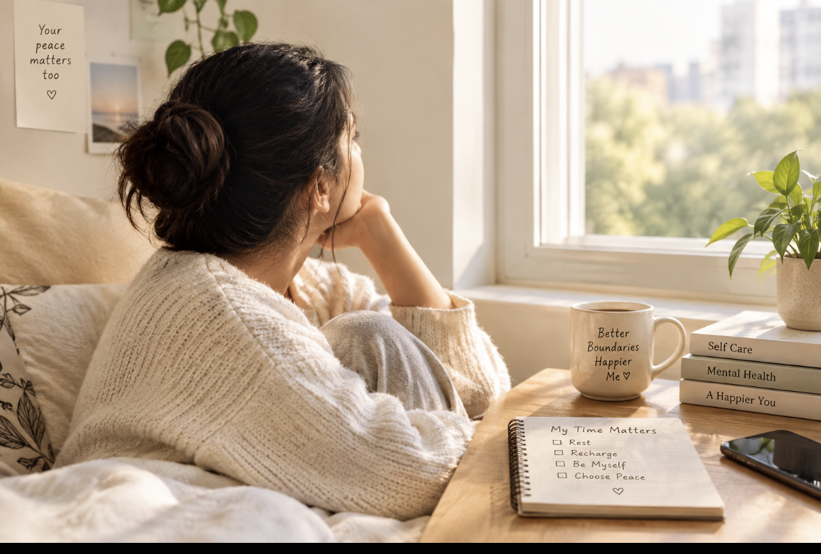 A peaceful self-care setting representing emotional wellbeing, healthy boundaries, and taking time for yourself.