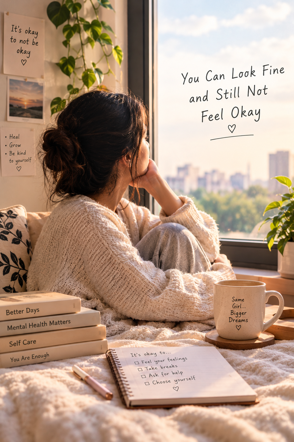 A thoughtful woman sitting by a window, representing hidden emotions and mental wellbeing.